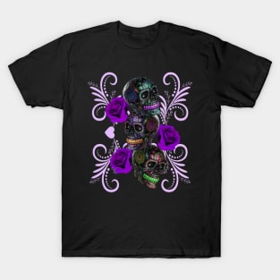 Triple Black Day Of The Dead Skulls Purple Roses T-Shirt